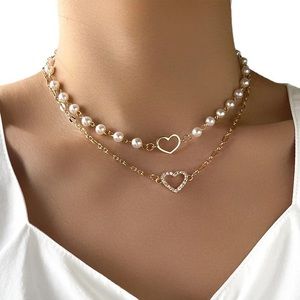 Gold White pearl Heart shape Necklace